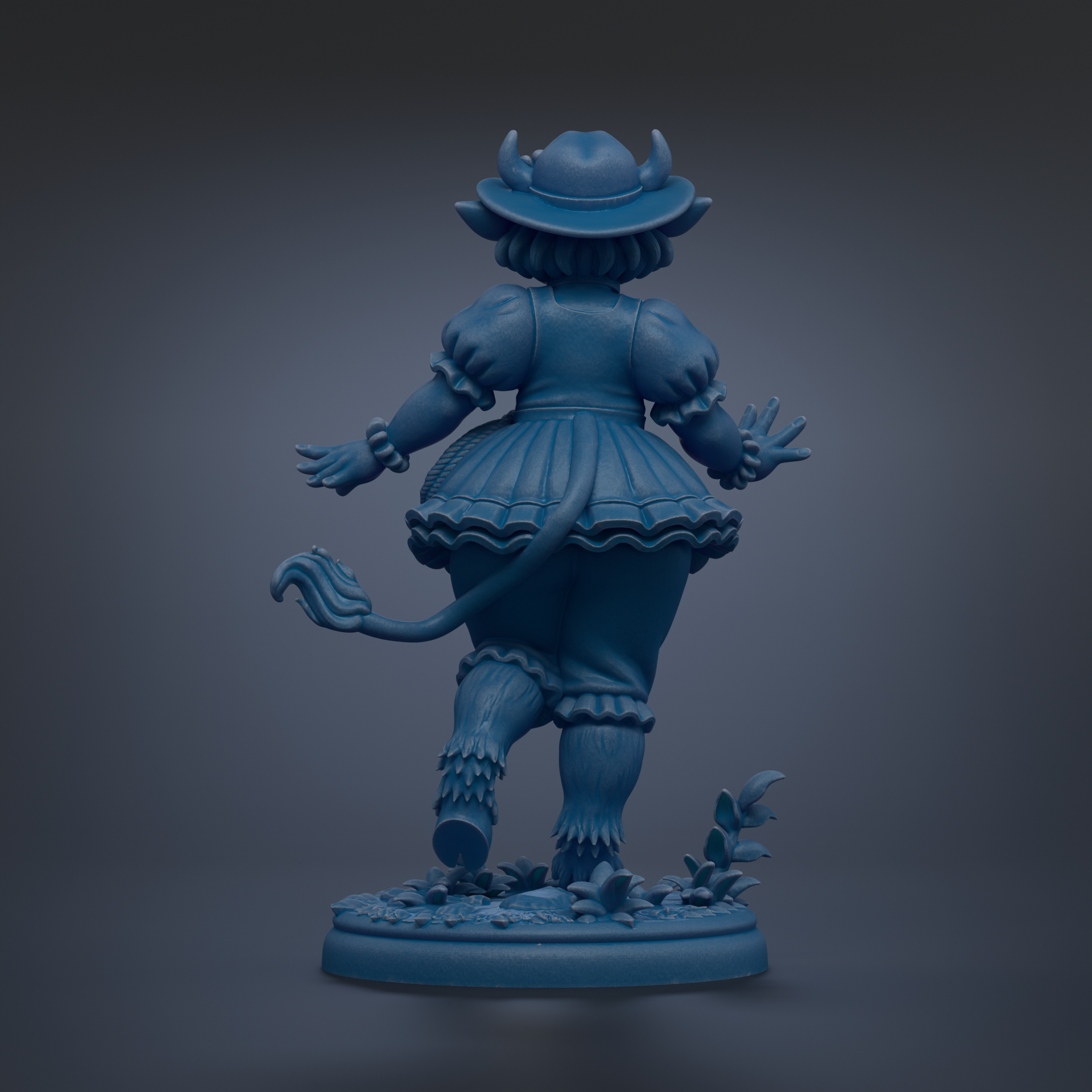 A blue statue of a whimsical, fantastical creature with horns and a flowing dress, standing on a base with flowers and plants.