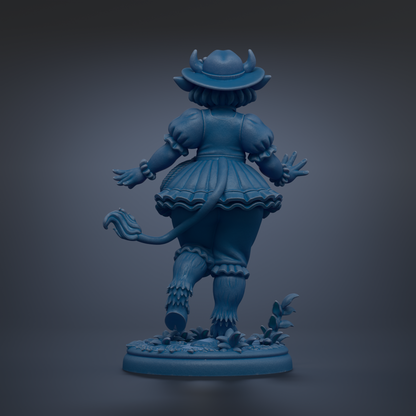 A blue statue of a whimsical, fantastical creature with horns and a flowing dress, standing on a base with flowers and plants.