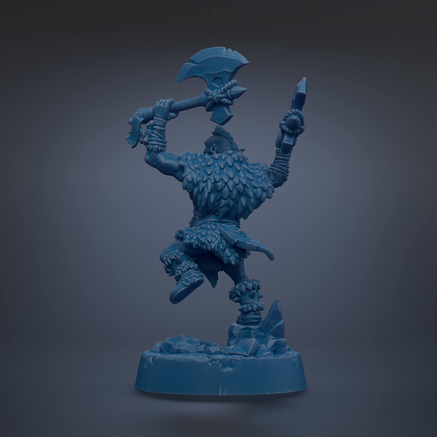 A blue figurine of a warrior-like character with a large weapon and a feathered outfit, standing on a rocky base.