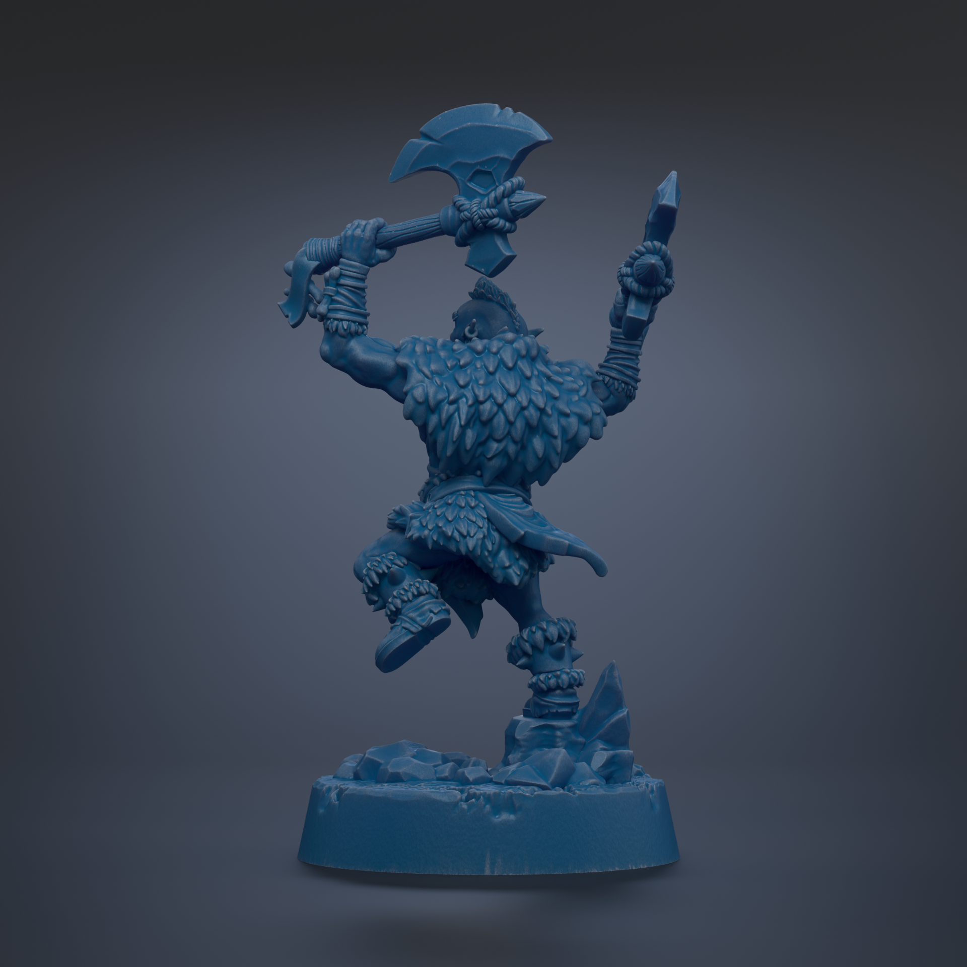 A blue figurine of a warrior-like character with a large weapon and a feathered outfit, standing on a rocky base.
