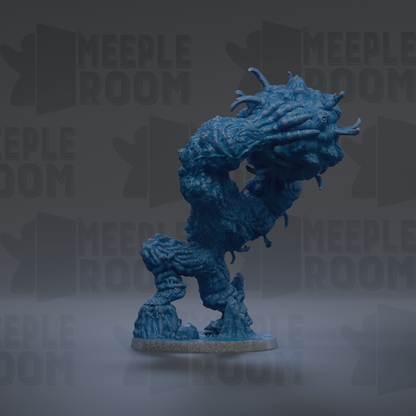A 3D rendering of a blue, organic-looking creature with a large head and long, curved body, standing on a gray base.