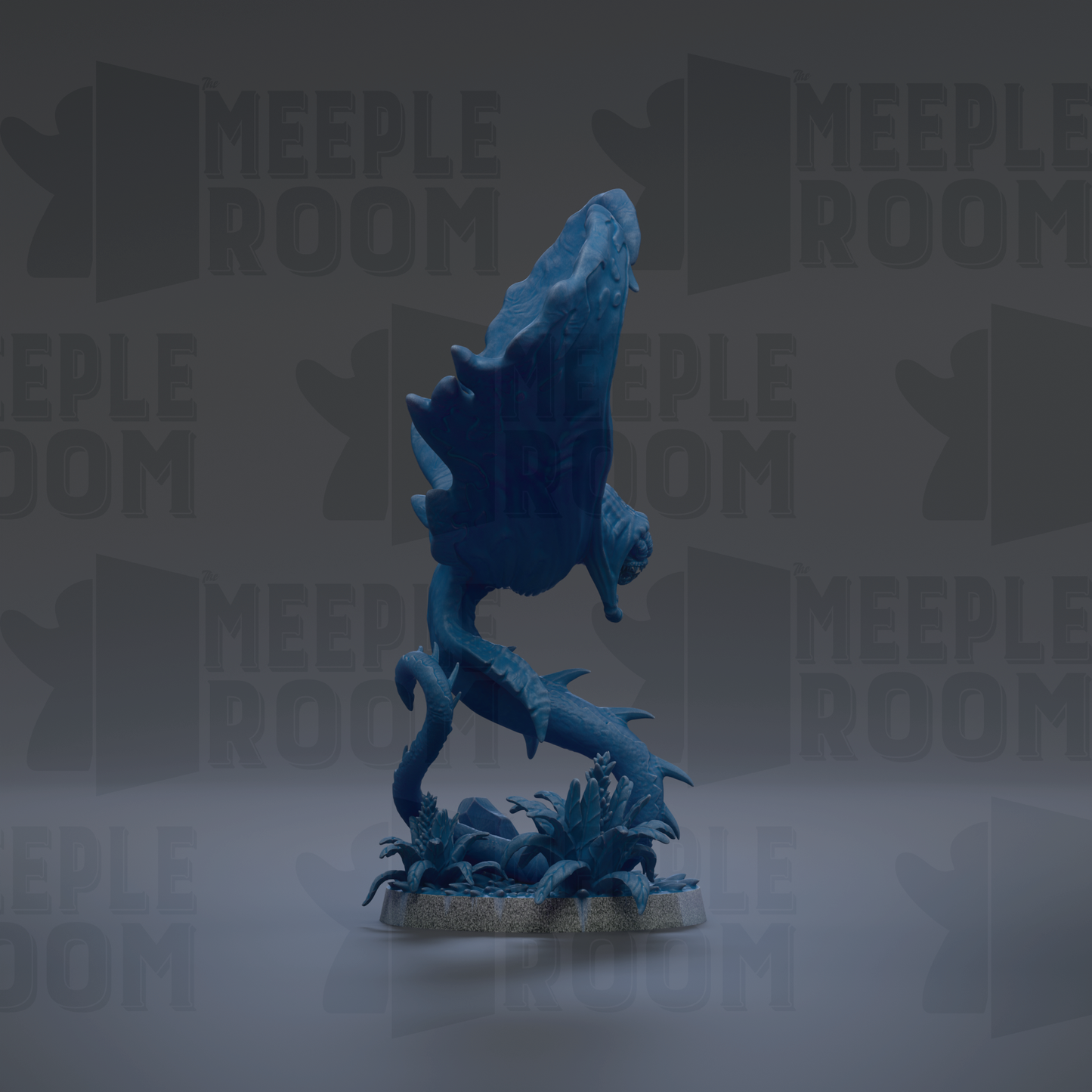 A blue, abstract sculpture resembling a fish or sea creature is displayed against a dark background with repeated text.