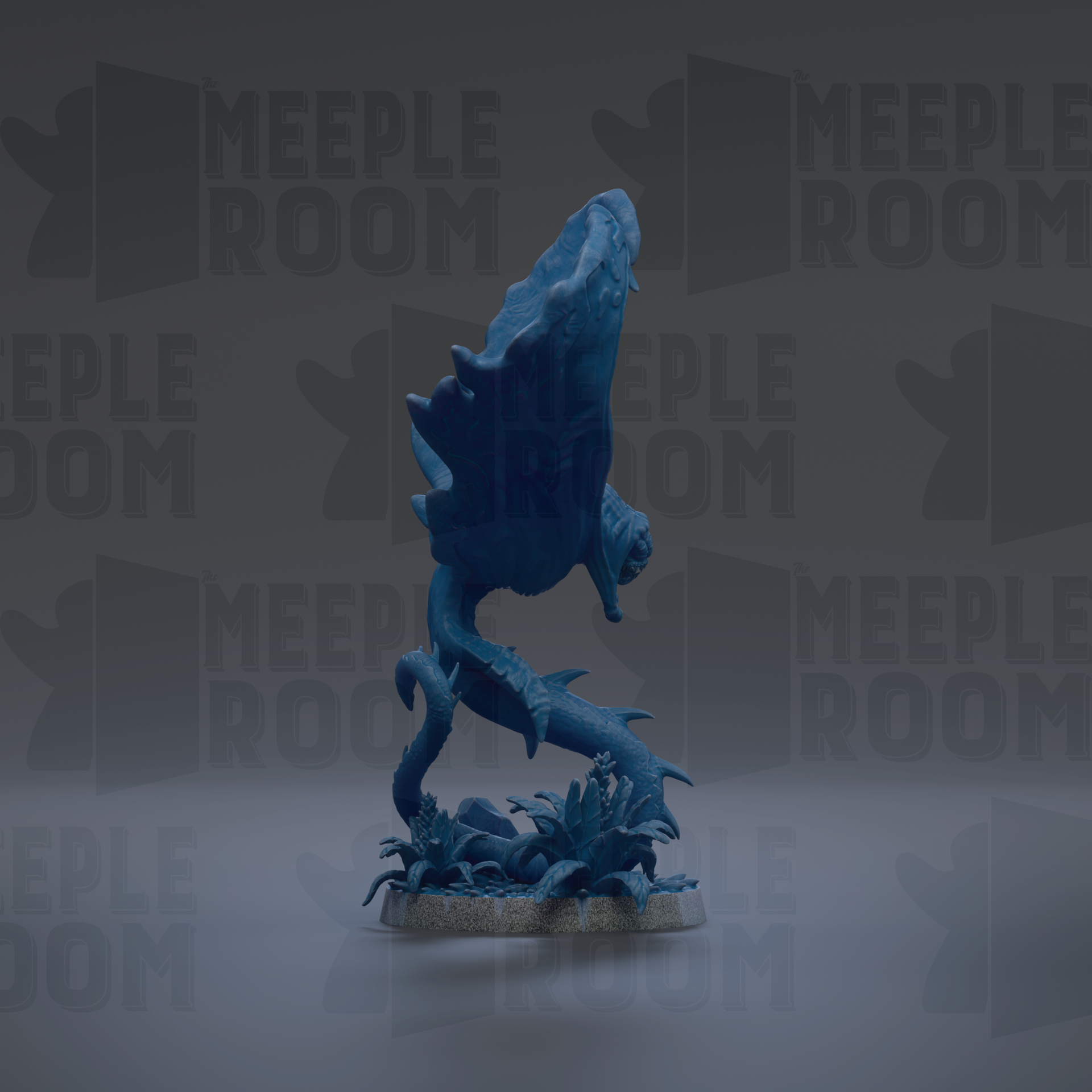 A blue, abstract sculpture resembling a fish or sea creature is displayed against a dark background with repeated text.
