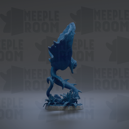A blue, abstract sculpture resembling a fish or sea creature is displayed against a dark background with repeated text.