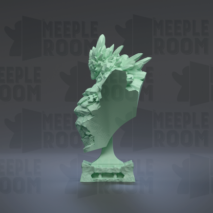 a green, abstract sculpture with a textured, organic appearance.