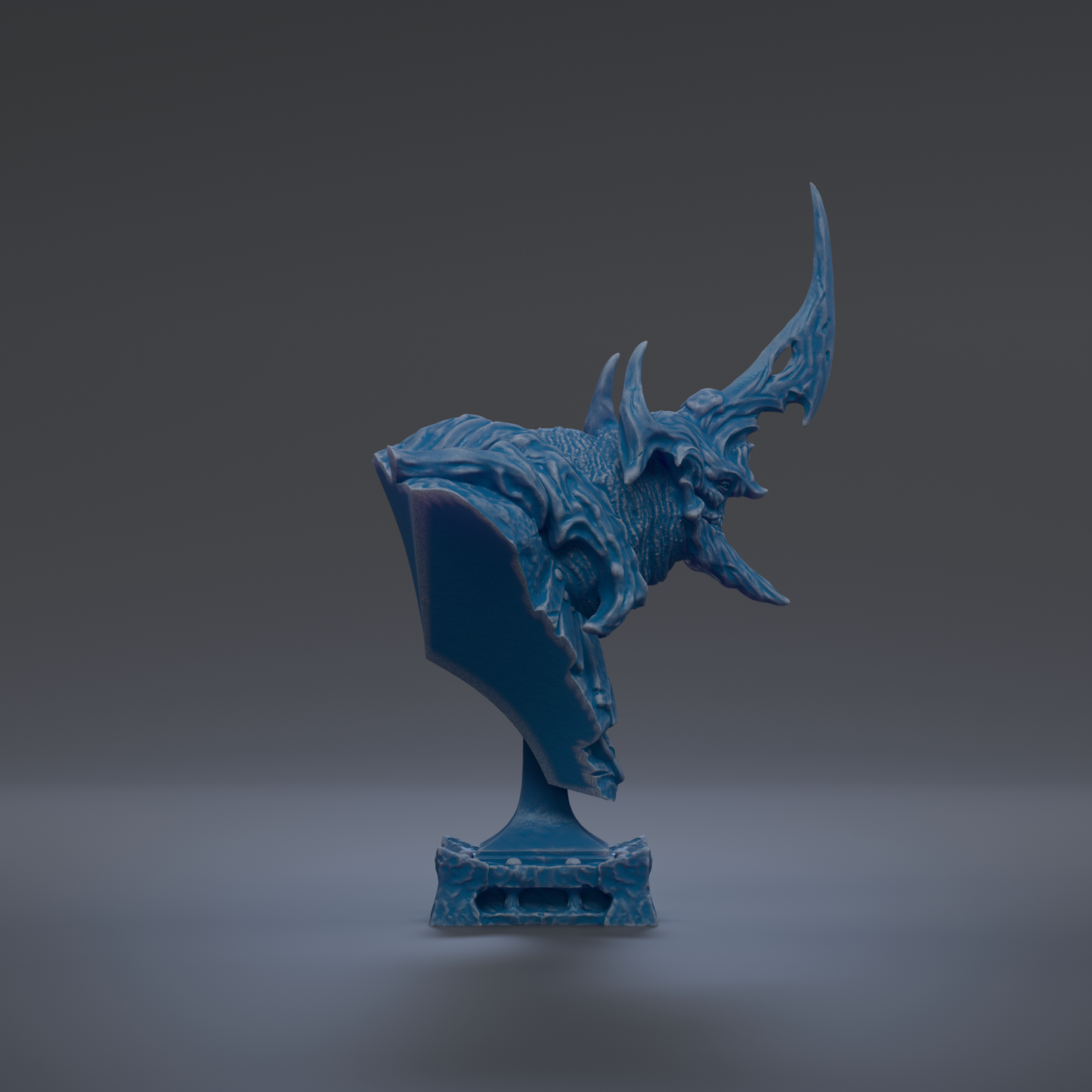 A blue, sculpted figurine of a horned creature with sharp, pointed features stands on a pedestal against a dark background.