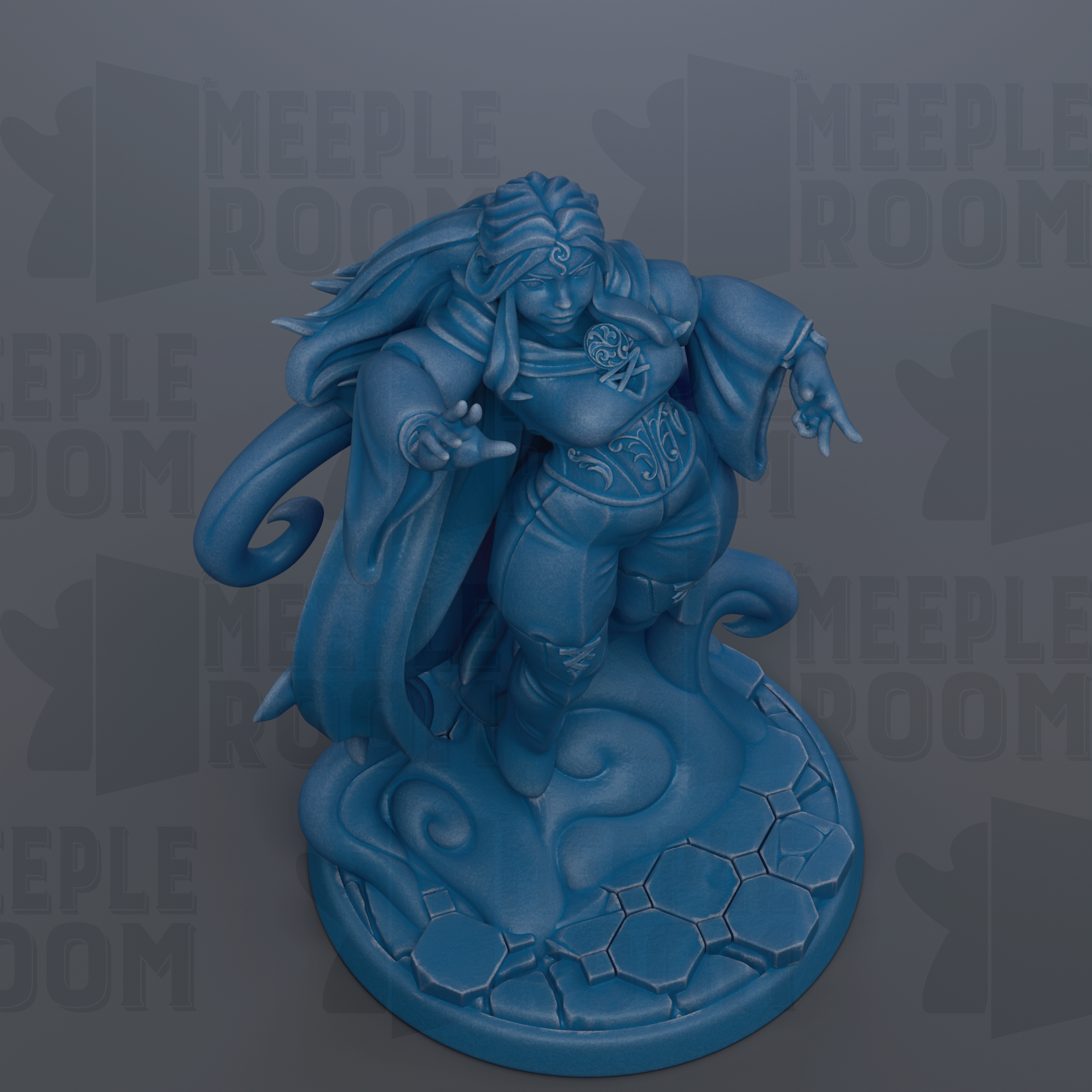 A blue figurine of a woman with long hair and a flowing robe, standing on a hexagonal base.