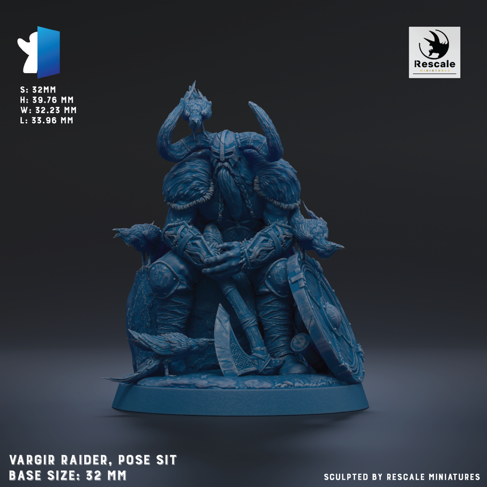 The image is a 3D rendering of a figurine of a Viking raider, which is a type of fantasy character often depicted as a large, horned warrior with a beard and a long beard. The figurine is shown in a pose with its arms crossed, sitting on a base that is described as being 3.2mm in height and 5.7mm in width. The image is a 3D rendering of the figurine, and it is presented in a realistic style.