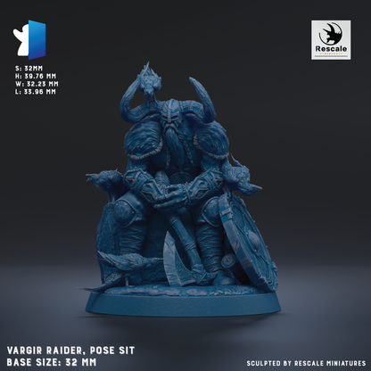 The image is a 3D rendering of a figurine of a Viking raider, which is a type of fantasy character often depicted as a large, horned warrior with a beard and a long beard. The figurine is shown in a pose with its arms crossed, sitting on a base that is described as being 3.2mm in height and 5.7mm in width. The image is a 3D rendering of the figurine, and it is presented in a realistic style.