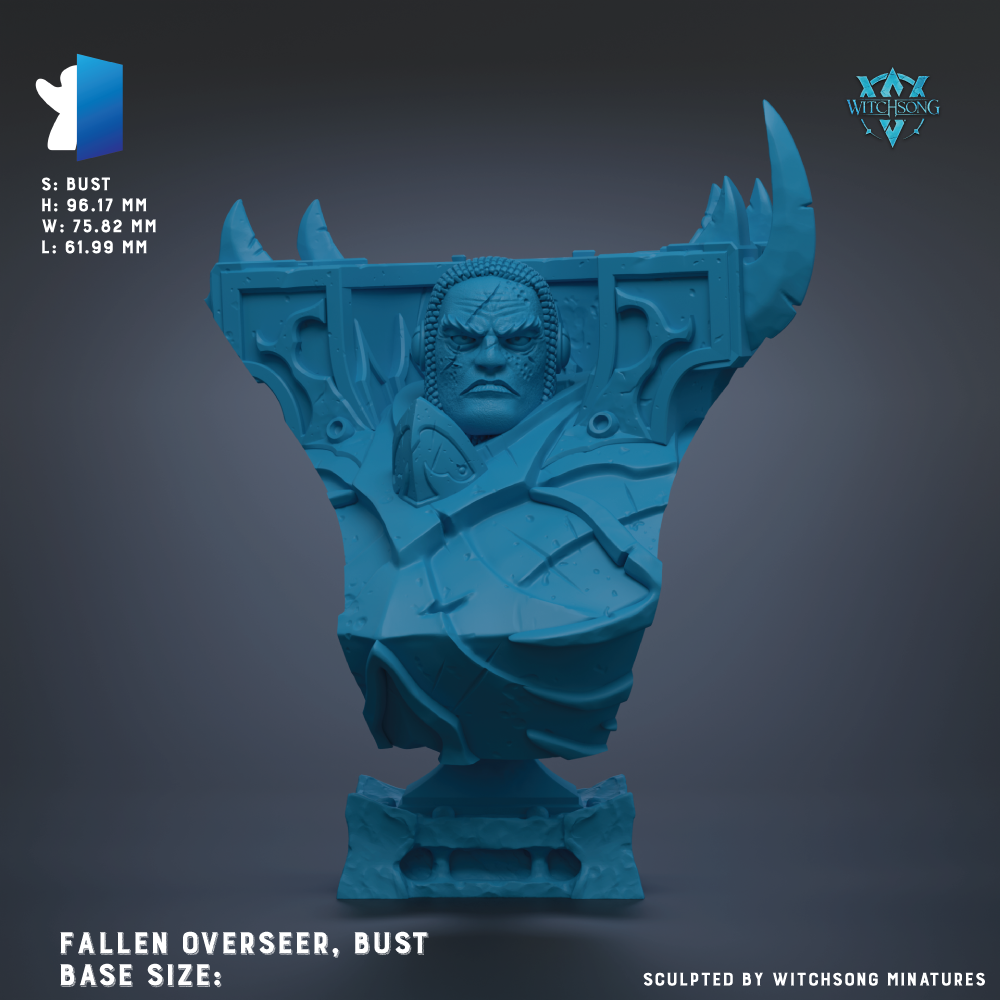 The image is a 3D model of a bust of a fallen overseer, bust, with a blue color scheme. The bust is depicted in a sculpted form, and the base size is described as "FALLEN OVERSEER, BUST".