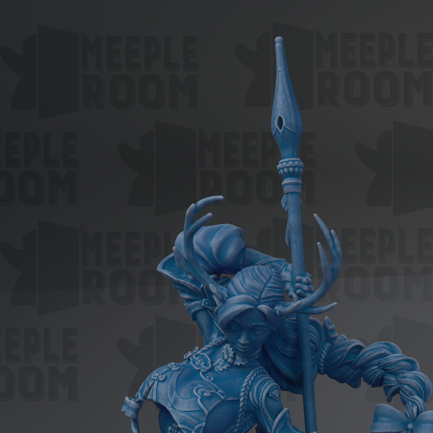 A blue, intricate statue of a figure holding a spear, with a dark background that repeats the word "MEIPLLE ROOM" in a stylized font.