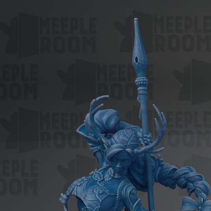 A blue, intricate statue of a figure holding a spear, with a dark background that repeats the word "MEIPLLE ROOM" in a stylized font.