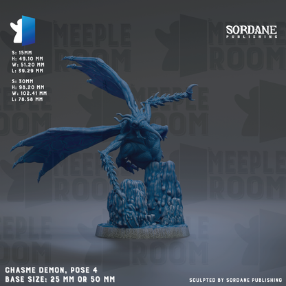 The image is a detailed 3D rendering of a blue dragon-like creature with wings spread wide, standing on a rock formation. The creature appears to be a model or sculpture, and the image is described as a "Chase Demon, pose 4" with a base size of 25mm or 50mm. The background of the image is a dark gray color, and the text "SORDANE PUBLISHING" is visible, indicating that the image is published by Sordane Publishing.