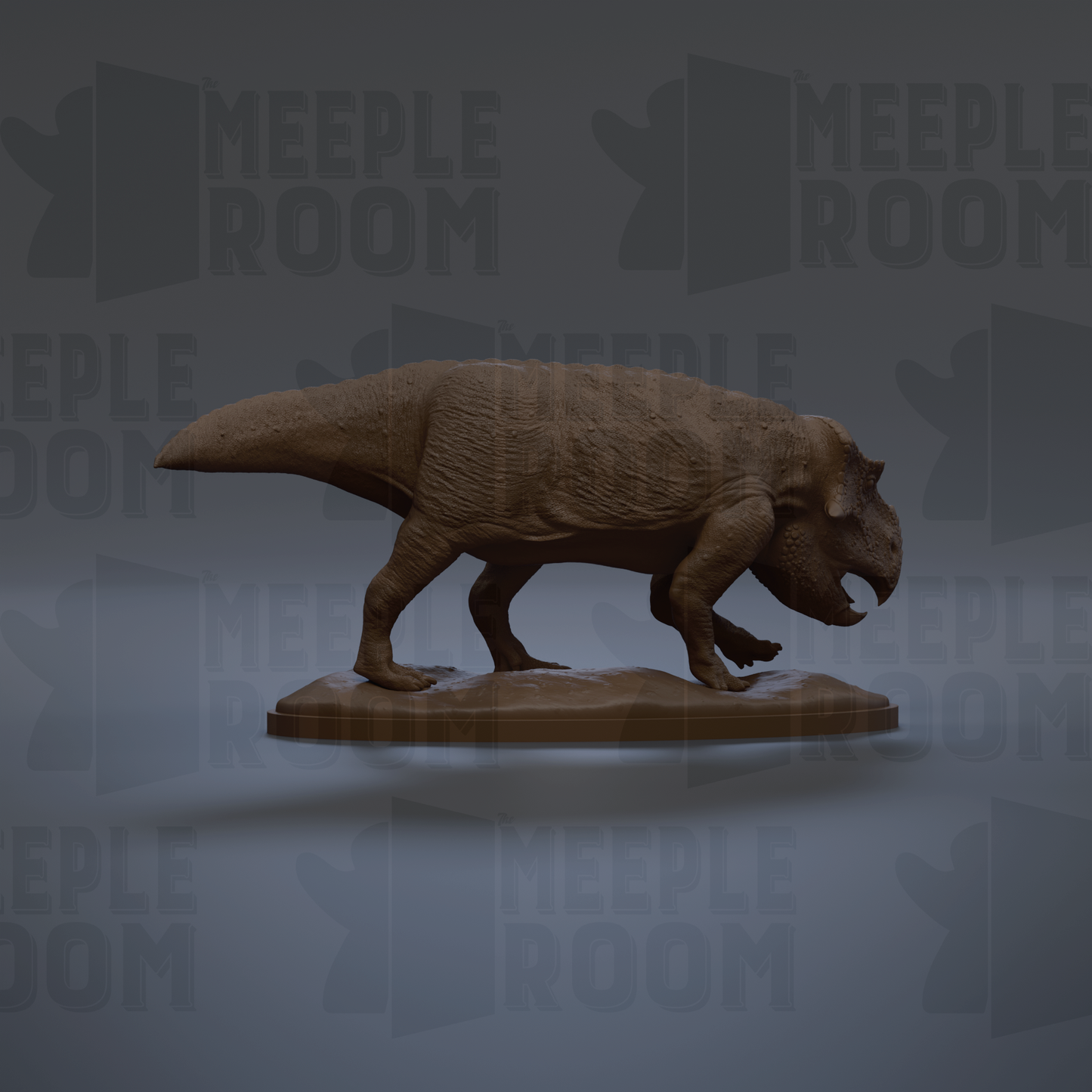 A 3D rendering of a dinosaur statue, likely a meek dinosaur, standing on a platform against a dark background with repeated "MEIPLE ROOM" text.
