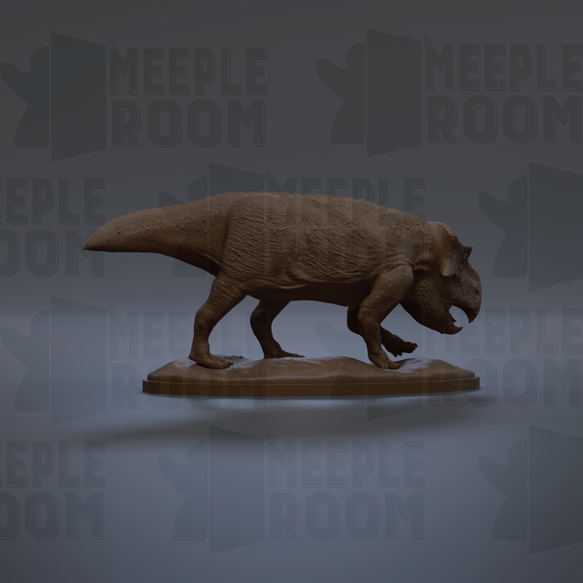 A 3D rendering of a dinosaur statue, likely a meek dinosaur, standing on a platform against a dark background with repeated "MEIPLE ROOM" text.