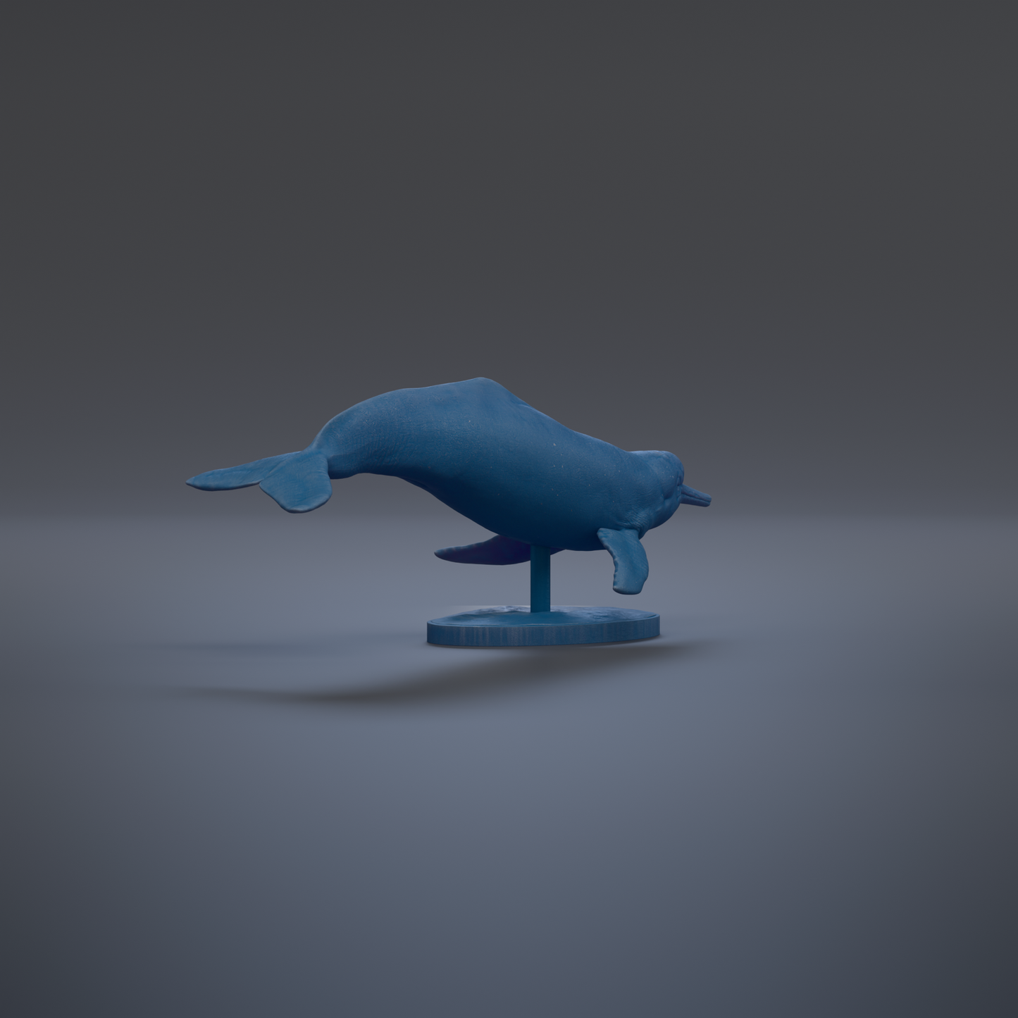 A blue plastic toy dolphin is shown on a gray background.