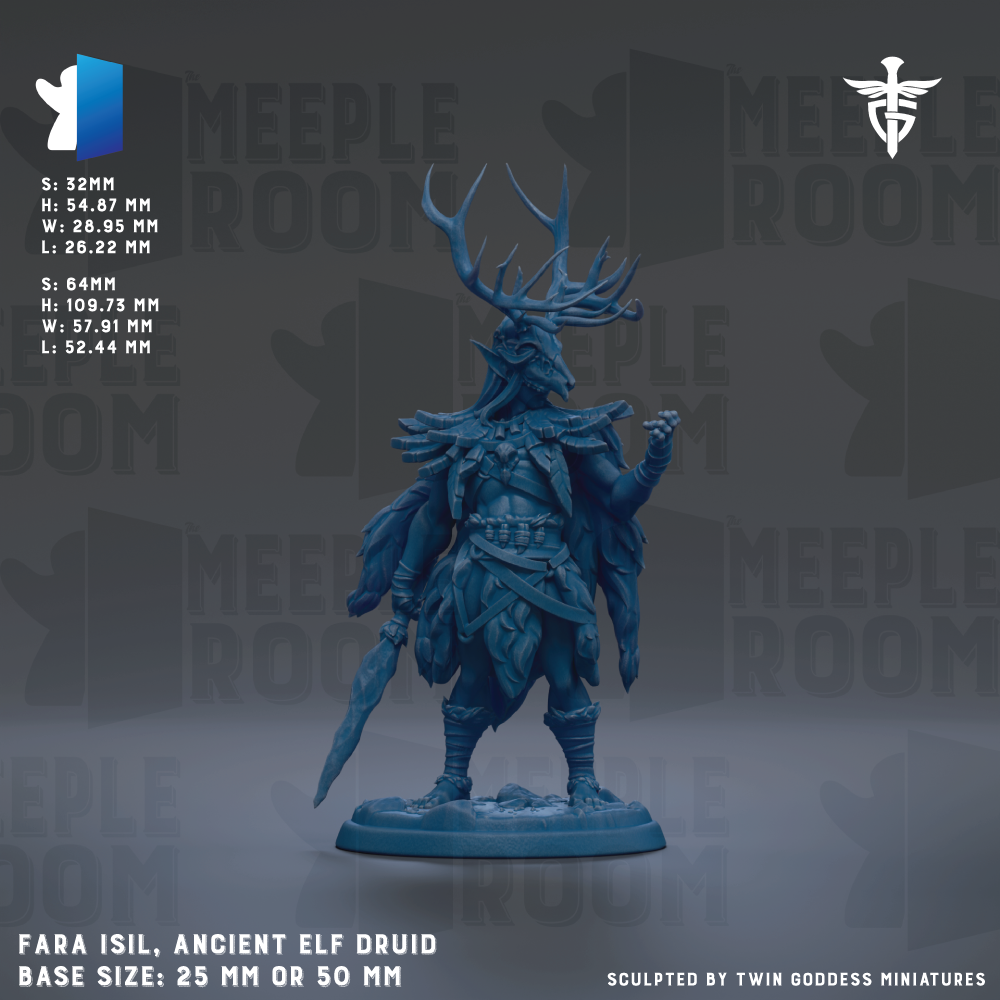 a detailed statue of an ancient elf Druid, with intricate details and a realistic pose. The statue is set against a dark background, which highlights its features and colors. The base size of the statue is either 25mm or 50mm, depending on the perspective. The image is a collaboration of multiple images, and it is not a description of a single image. The phrase "The image depicts" or "The image displays" is not included in the description.