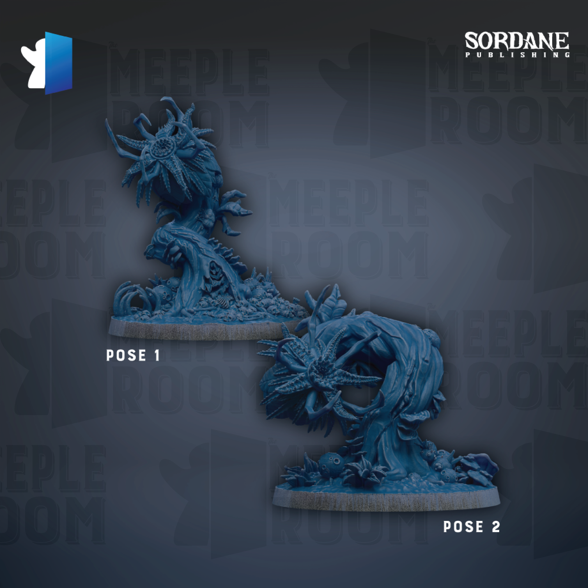 two blue figurines of fantastical creatures, possibly from a fantasy or science fiction setting, with the text "SORDANE PUBLISHING" and "MEEPLE ROOM" visible.