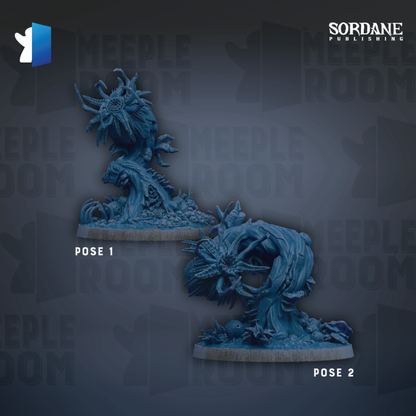 two blue figurines of fantastical creatures, possibly from a fantasy or science fiction setting, with the text "SORDANE PUBLISHING" and "MEEPLE ROOM" visible.
