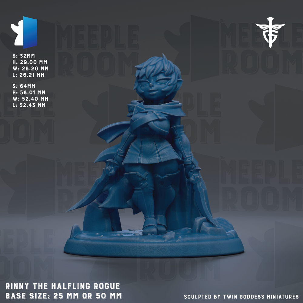 The image is a figurine of a character named Rinny the Halfling Rogue, which is a character from the video game Meeple Room. The figurine is depicted in a blue color and is standing on a base that is either 25mm or 50mm in size. The figurine is shown against a dark background, which emphasizes its details and features. The image does not contain any text, and the focus is on the character and its base.