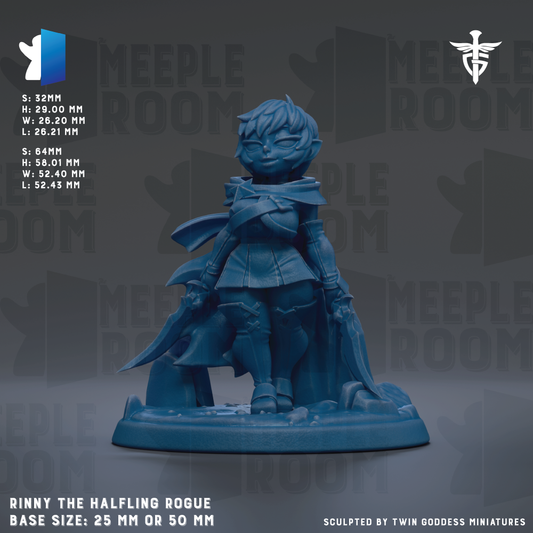 The image is a figurine of a character named Rinny the Halfling Rogue, which is a character from the video game Meeple Room. The figurine is depicted in a blue color and is standing on a base that is either 25mm or 50mm in size. The figurine is shown against a dark background, which emphasizes its details and features. The image does not contain any text, and the focus is on the character and its base.