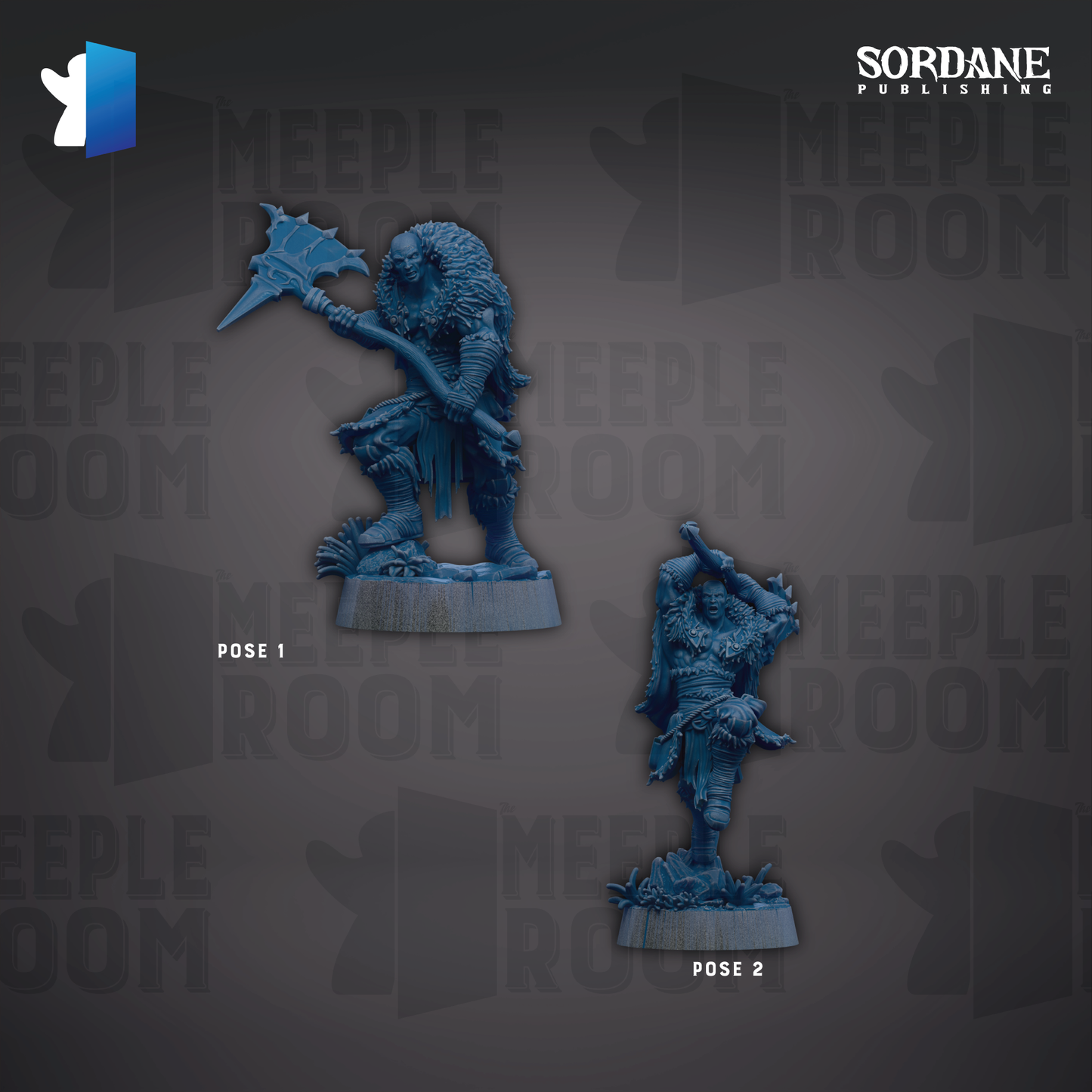 two blue figurines, each with a unique pose, set against a dark background with repeated text.