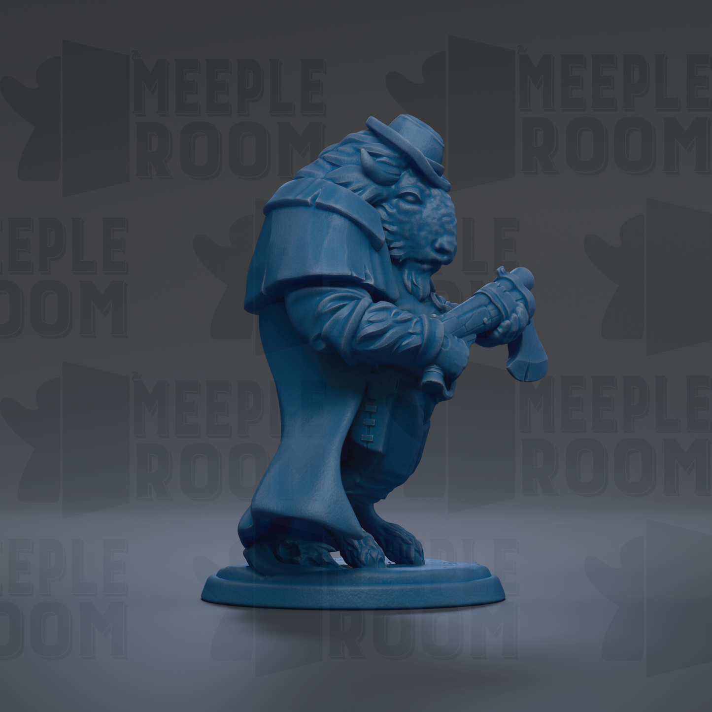 A blue figurine of a person wearing a hat and coat, holding a cane, is standing on a base against a dark background with repeated text.