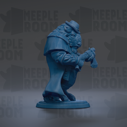 A blue figurine of a person wearing a hat and coat, holding a cane, is standing on a base against a dark background with repeated text.