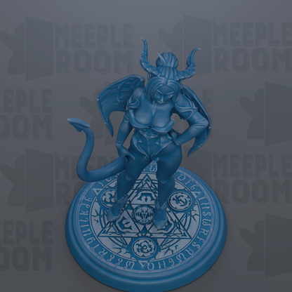 A blue figurine of a winged, horned figure standing on a circular base with a pentagram design.