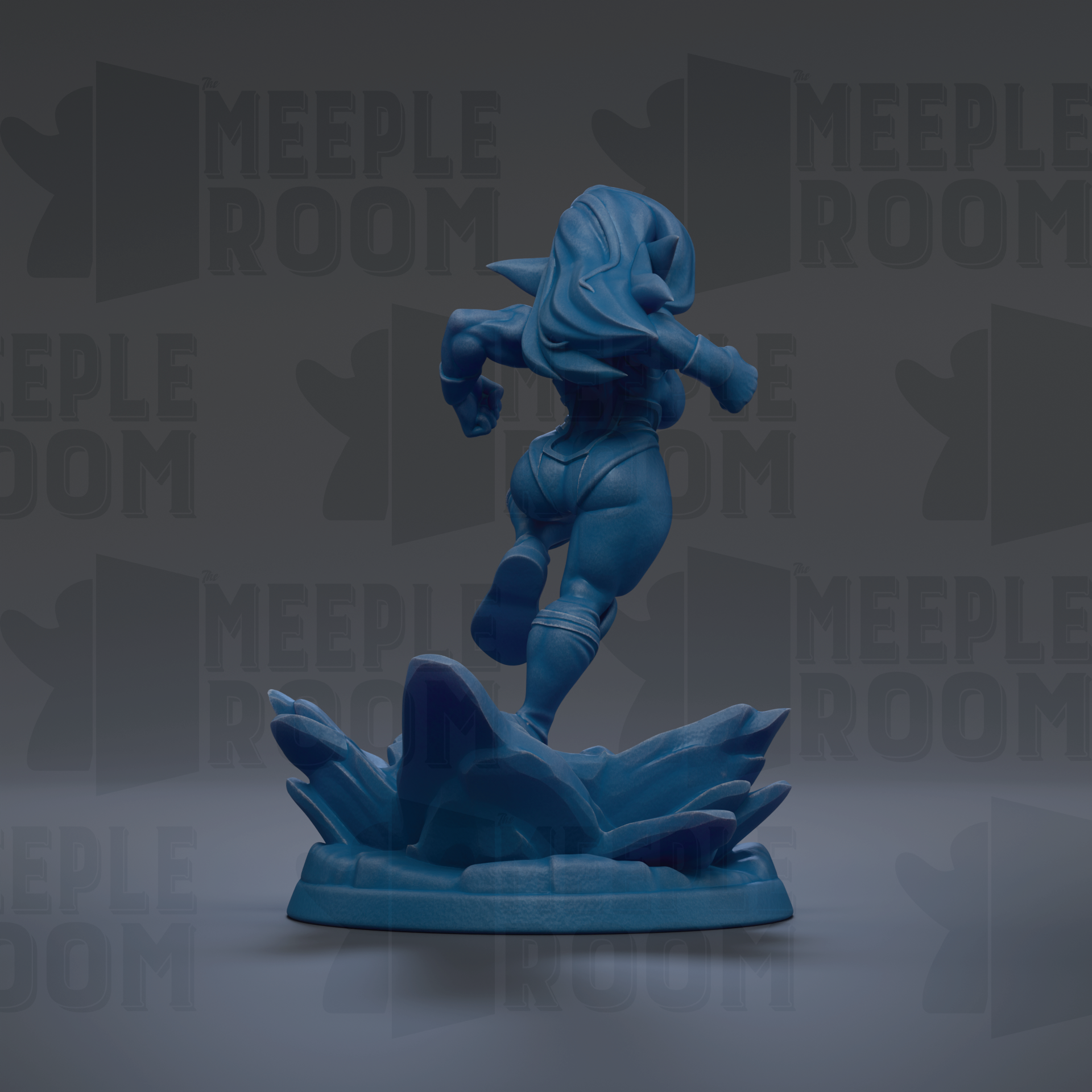A blue figurine of a female character is shown in a dynamic pose, standing on a base with a rocky terrain.