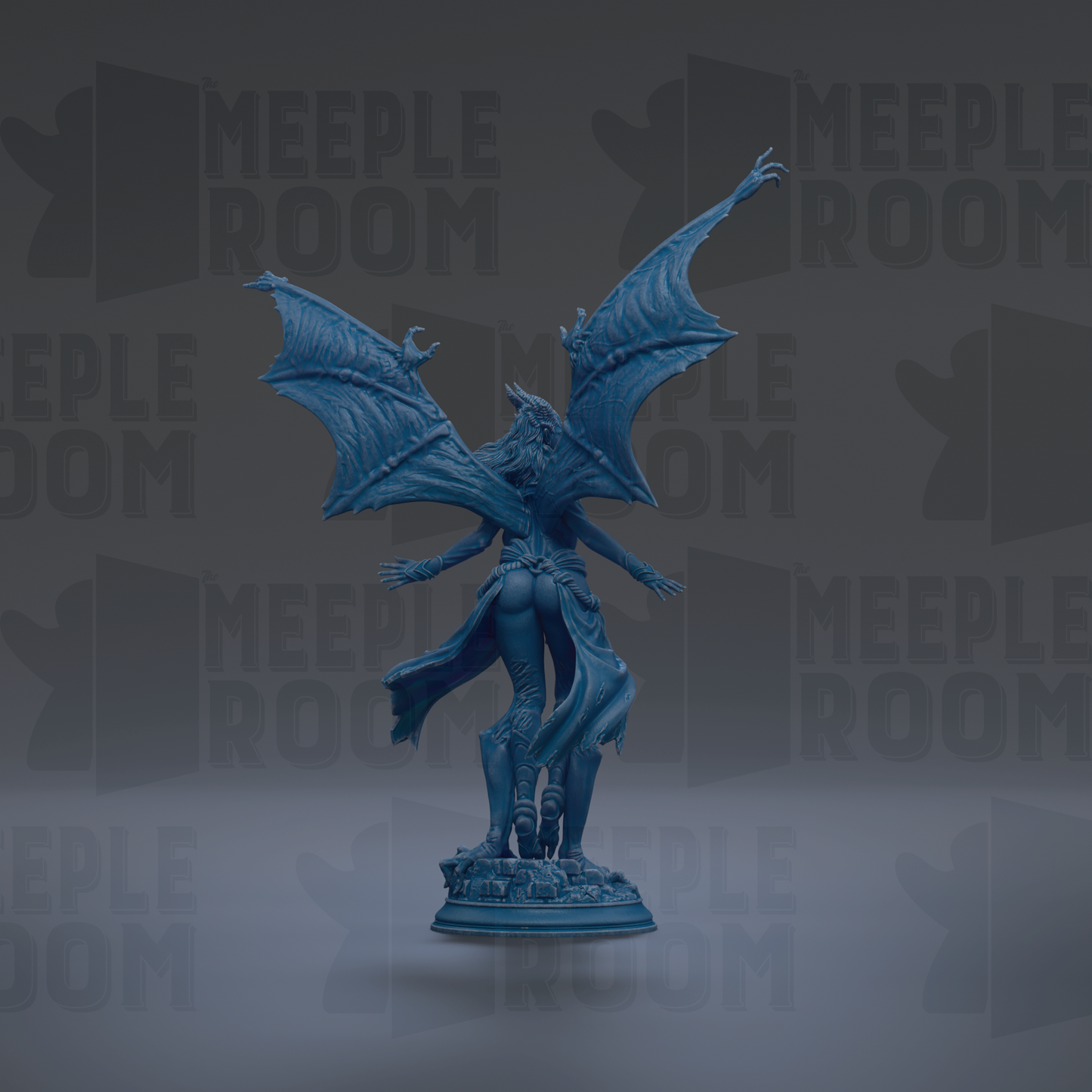 A blue statue of a winged creature with a flowing cape, standing on a pedestal against a dark background with repeated text.