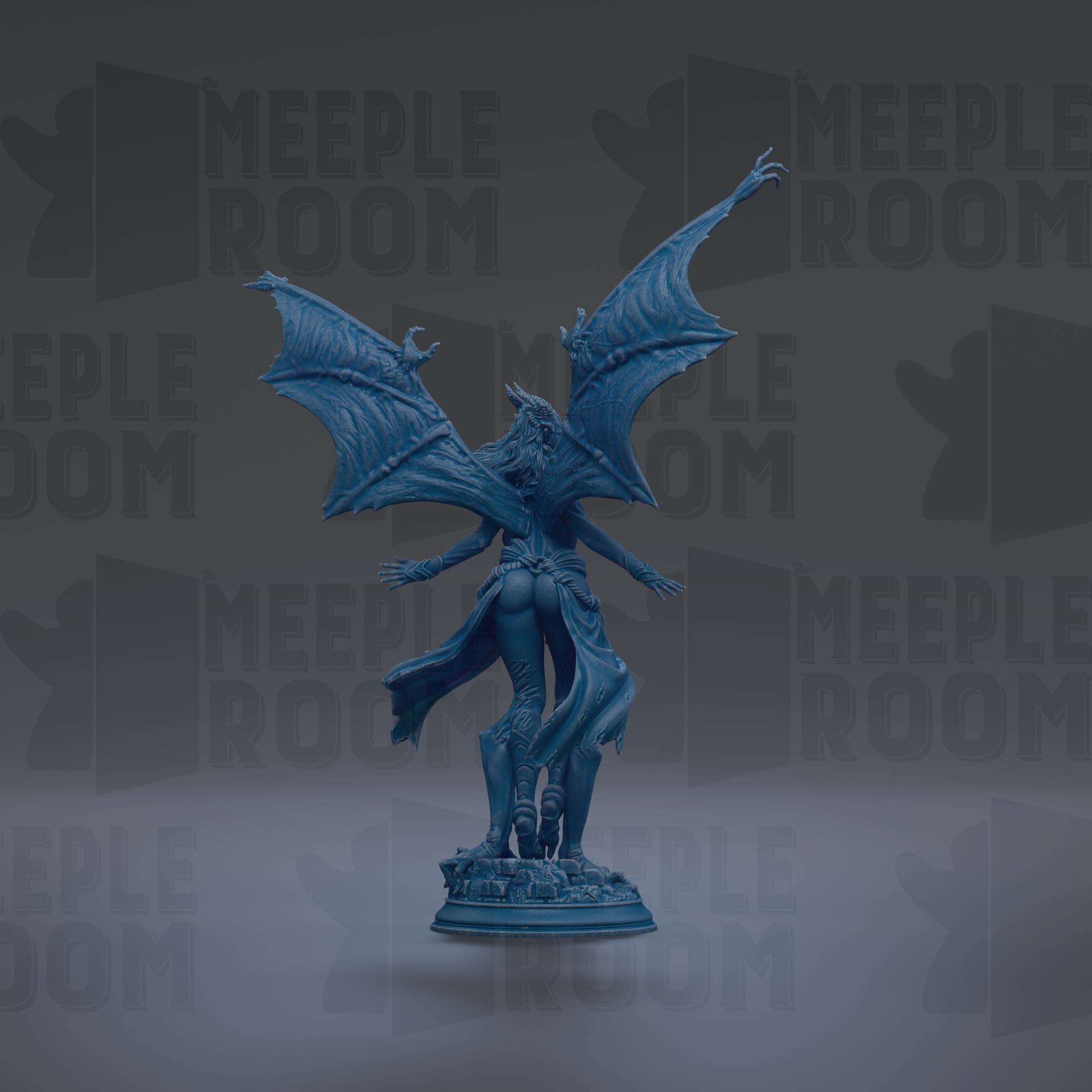 A blue statue of a winged creature with a flowing cape, standing on a pedestal against a dark background with repeated text.