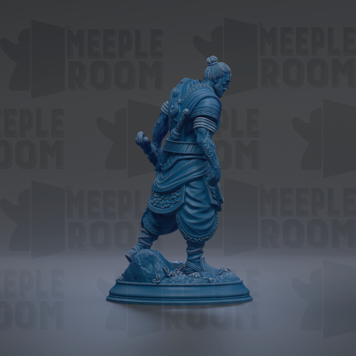 A blue statue of a warrior standing on a rock, with the text "MEIPLE ROOM" repeated in the background.