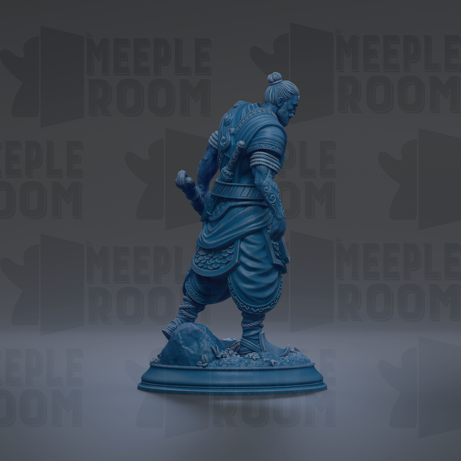 A blue statue of a warrior standing on a rock, with the text "MEIPLE ROOM" repeated in the background.