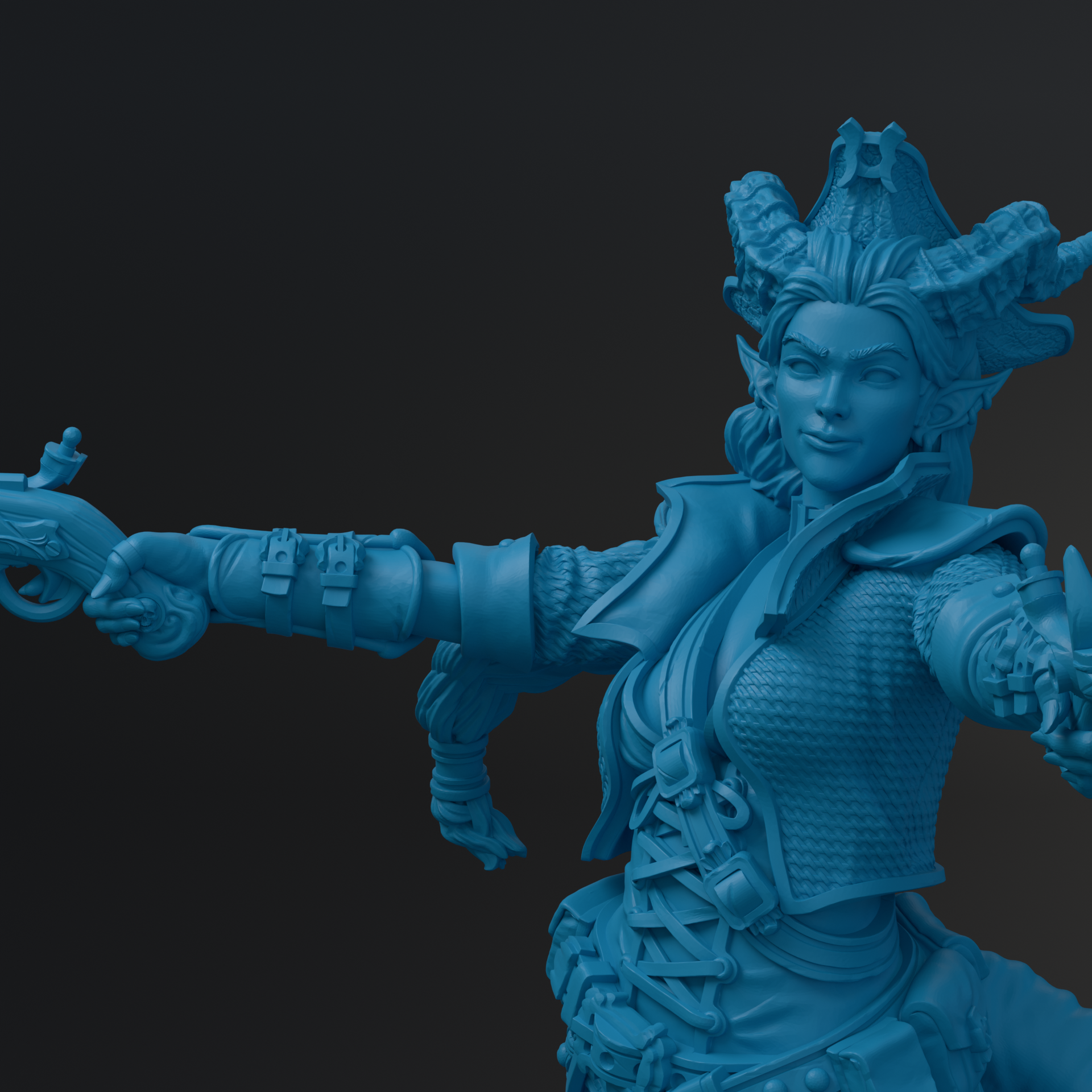 A close-up of a blue, 3D-rendered statue depicting a female character with horns and an elaborate headdress, holding a weapon.