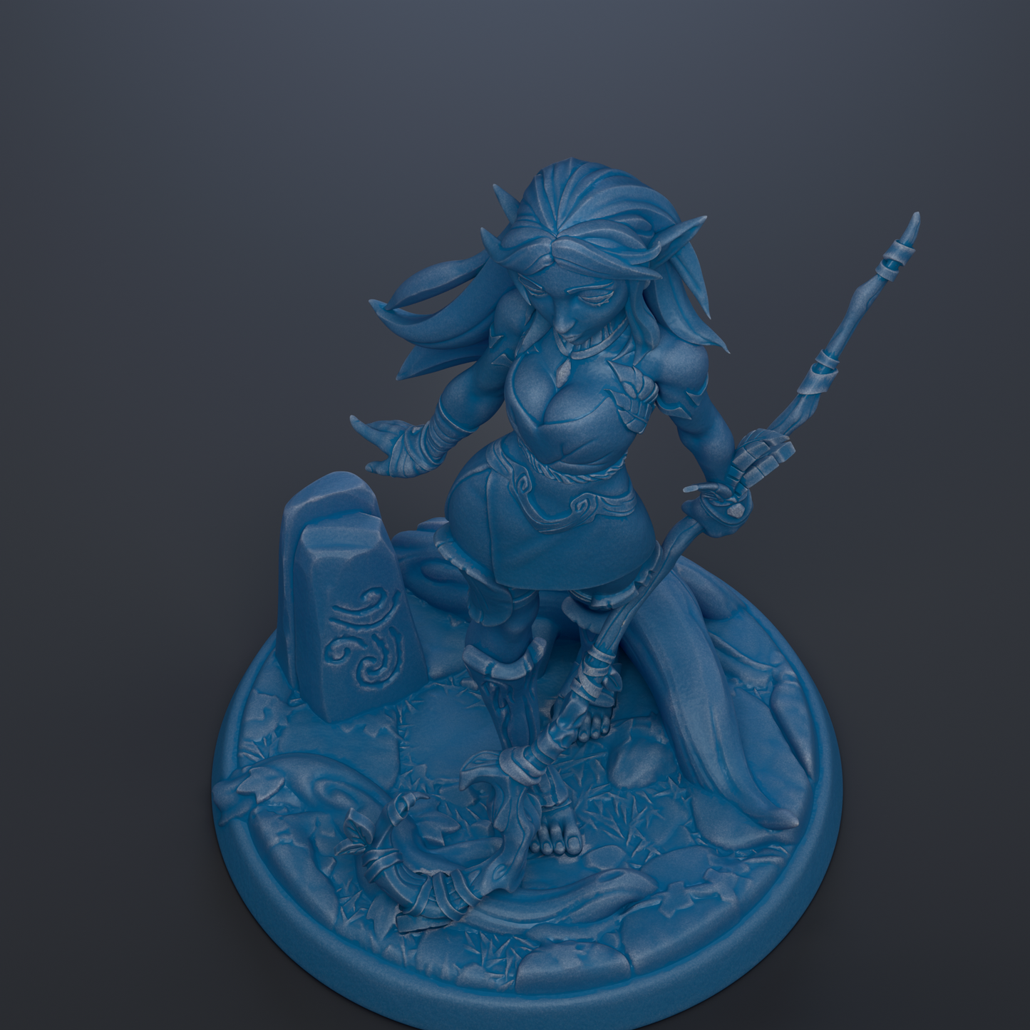 A 3D rendering of a female character with long hair and a flowing dress, holding a weapon and standing on a rocky surface.