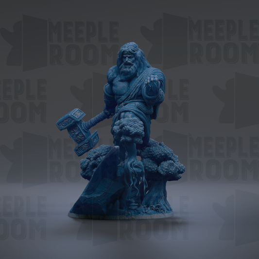 A blue statue of a muscular, bearded figure holding a large hammer stands prominently in the center of the image.