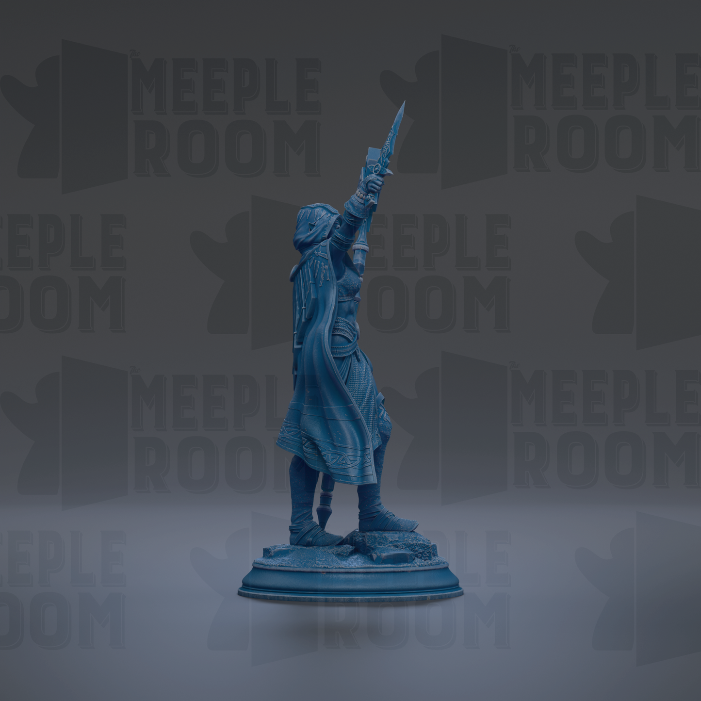 A blue statue of a person holding a sword and standing on a pedestal against a dark background with repeated text.