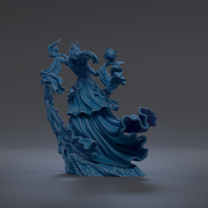 A blue, flowing statue of a figure with a long, flowing dress and a headdress, standing on a rock and holding a staff.