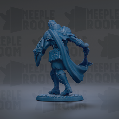 A blue figurine of a warrior standing on a base, with the text "MEIPLLE ROOM" repeated in the background.