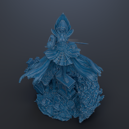 A 3D rendering of a fantastical, blue-colored female character with an elaborate, flowing dress and a large headdress.