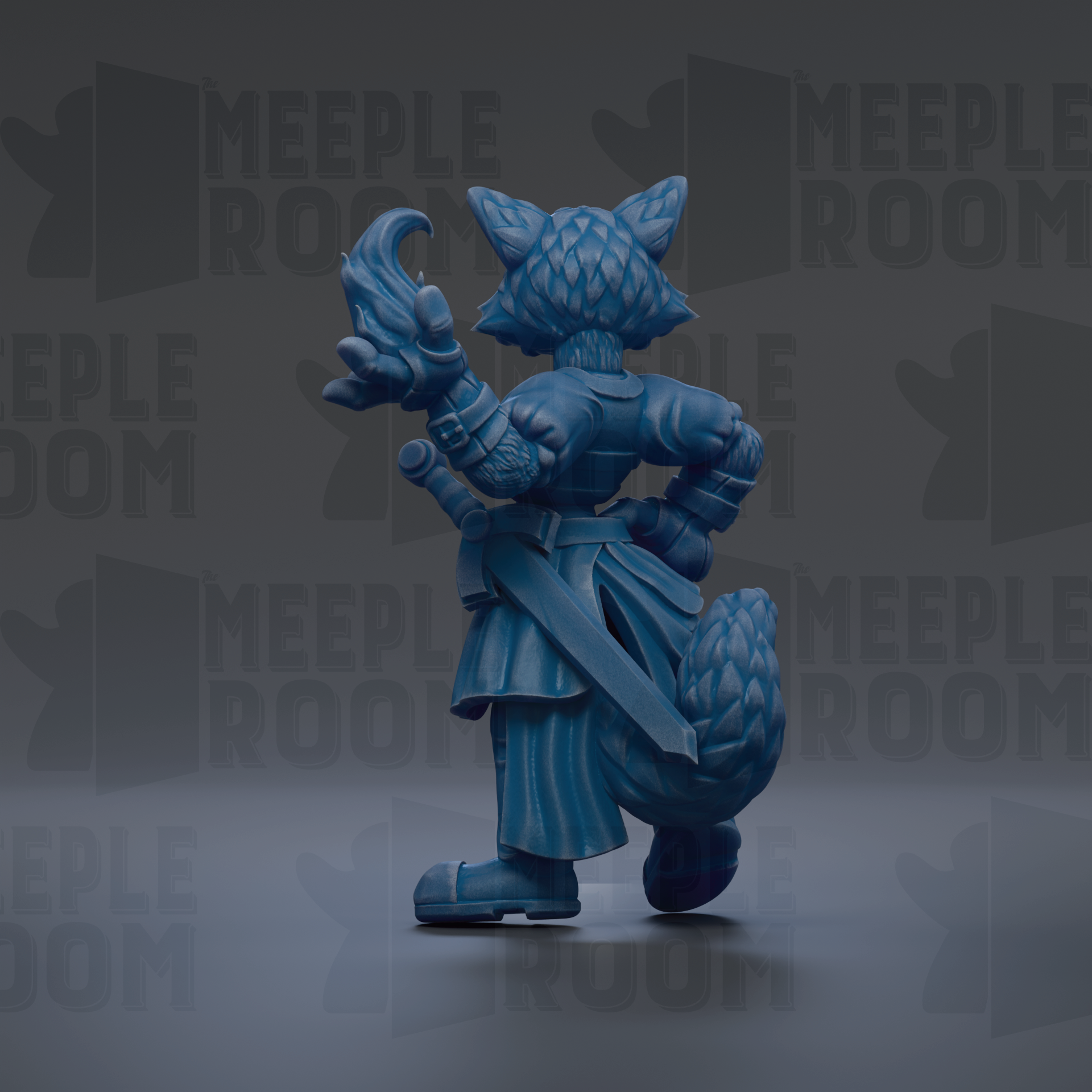 A blue, cartoonish character with a pointed hat and a sword, standing in a dark background with the text "MEUPLE ROOM" repeated multiple times.
