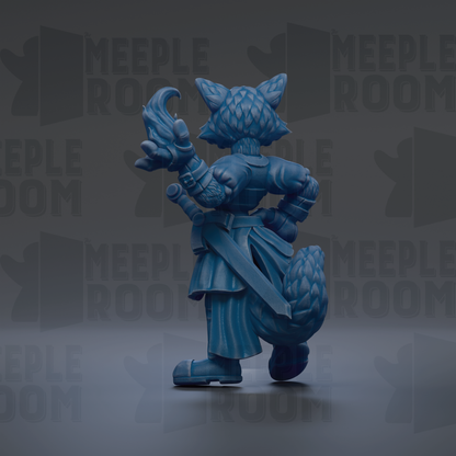 A blue, cartoonish character with a pointed hat and a sword, standing in a dark background with the text "MEUPLE ROOM" repeated multiple times.