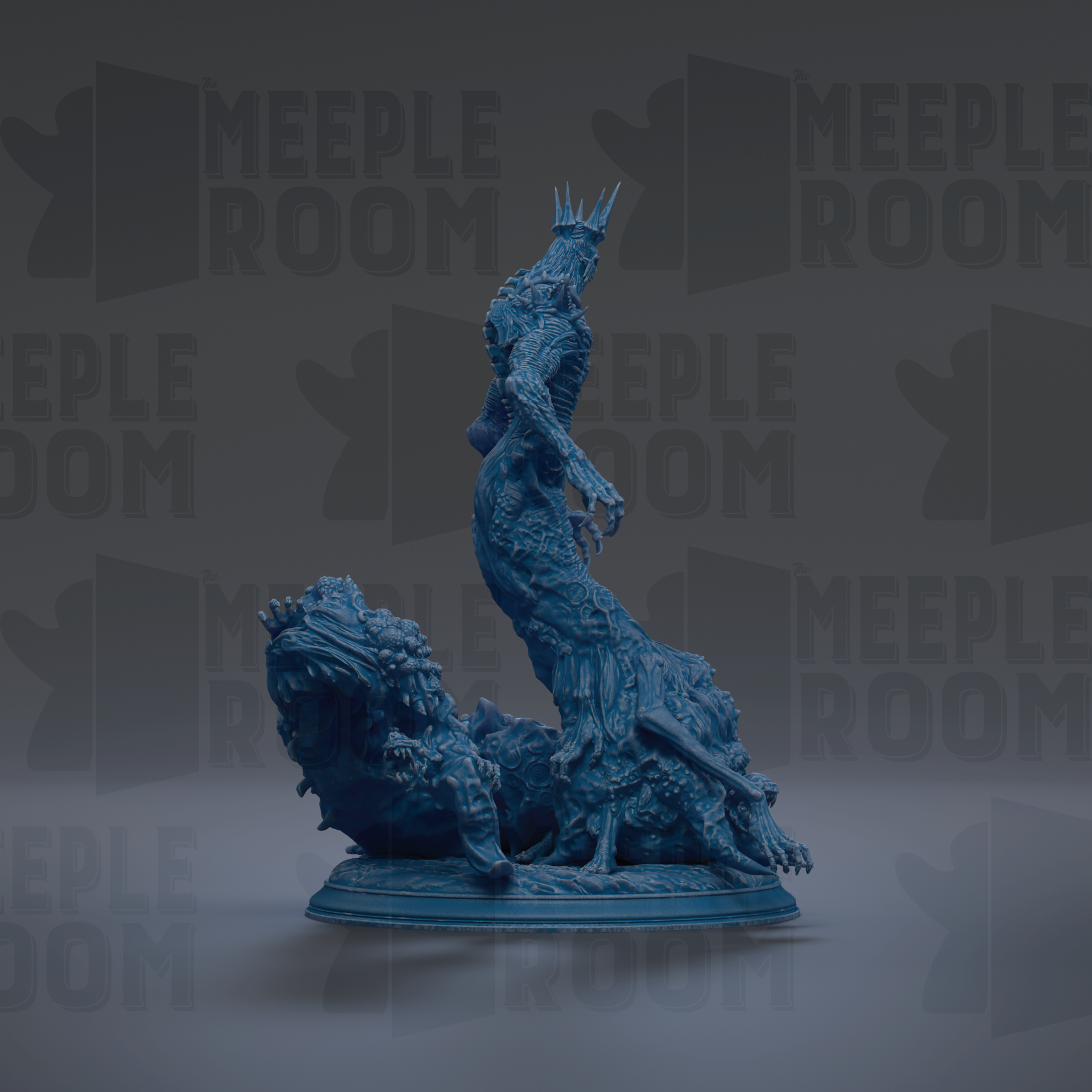 A blue, 3D-rendered statue of a mythical creature, possibly a dragon or serpent, with a crown-like head and a fierce expression, standing on a base.