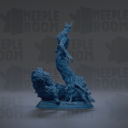 A blue, 3D-rendered statue of a mythical creature, possibly a dragon or serpent, with a crown-like head and a fierce expression, standing on a base.