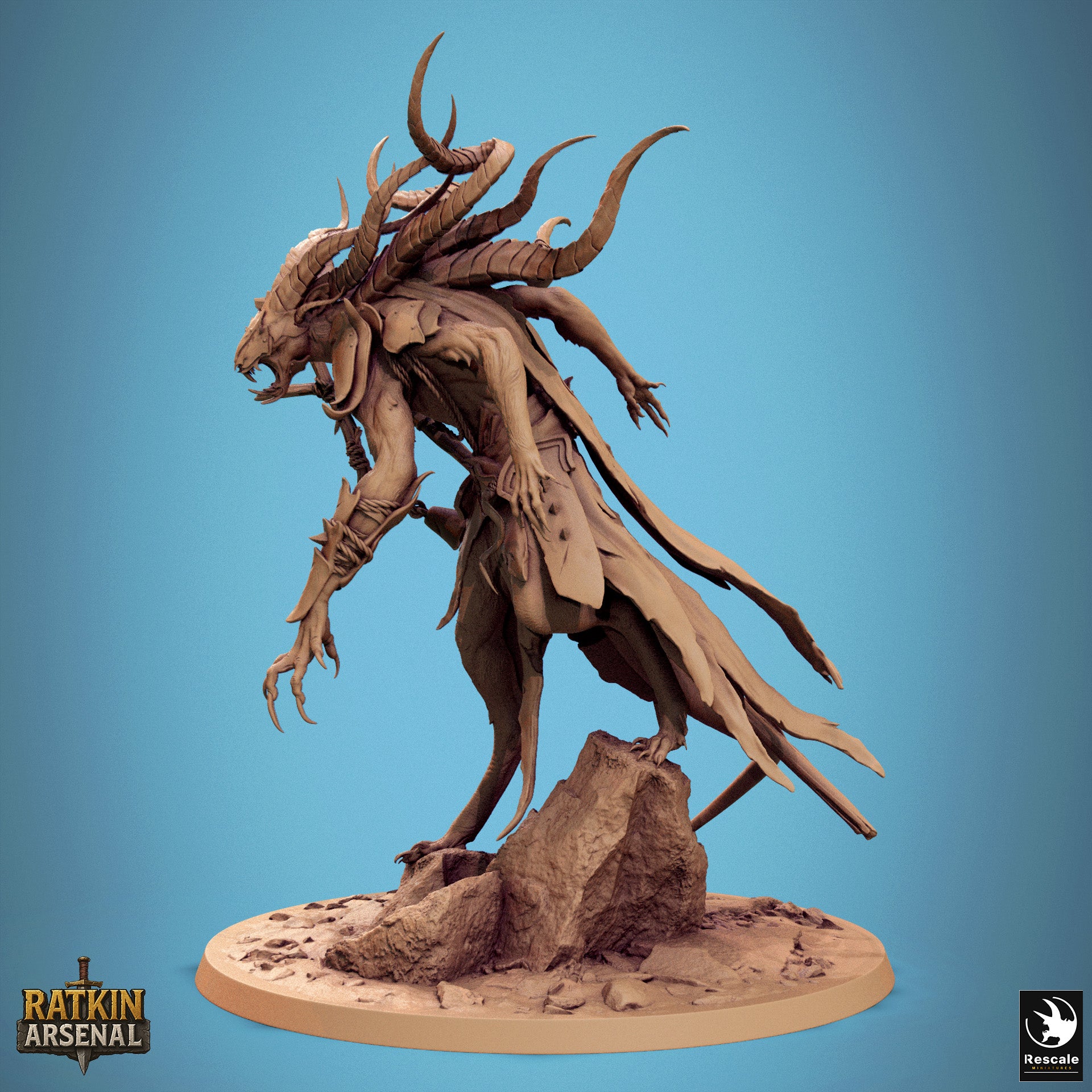 A detailed 3D model of a fantastical creature with horns, claws, and a fierce expression, standing on a rock formation against a blue background.