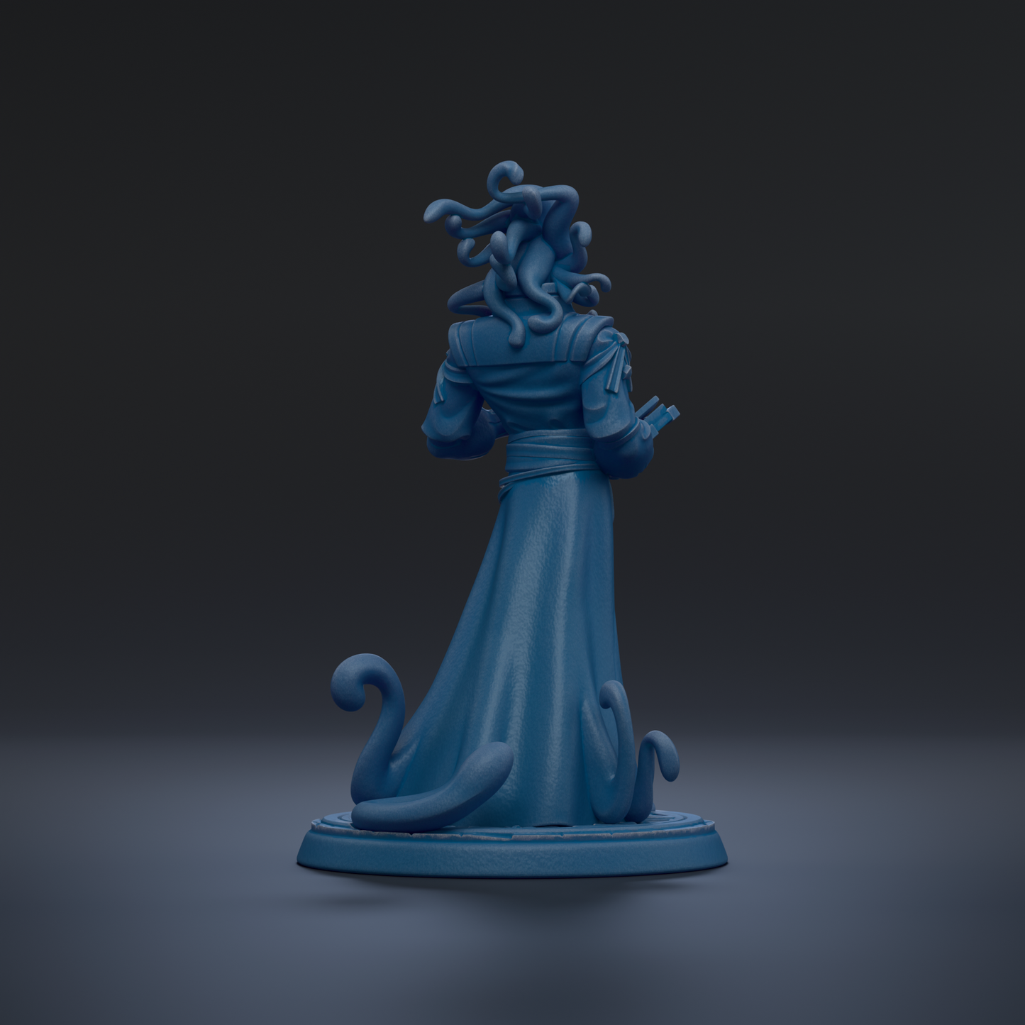 A blue figurine of a person with an intricate, tangled hairstyle and a flowing, draped robe stands on a base against a dark background.