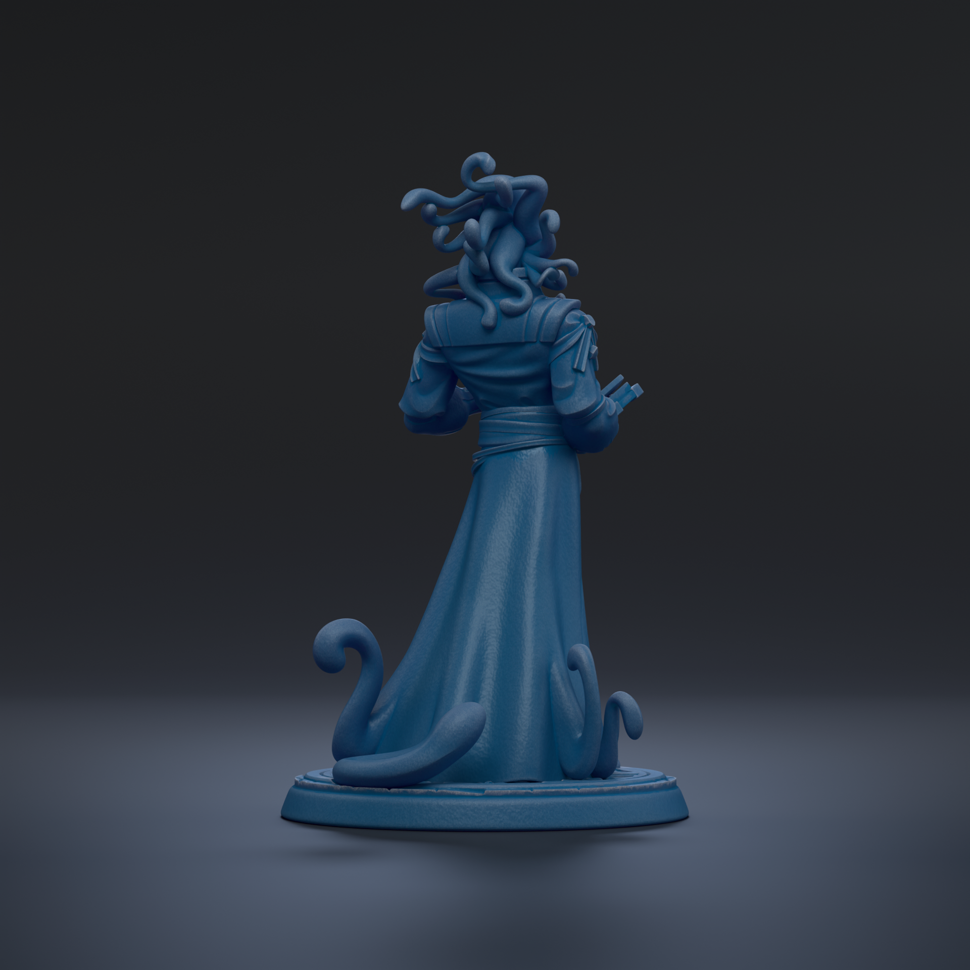 A blue figurine of a person with an intricate, tangled hairstyle and a flowing, draped robe stands on a base against a dark background.