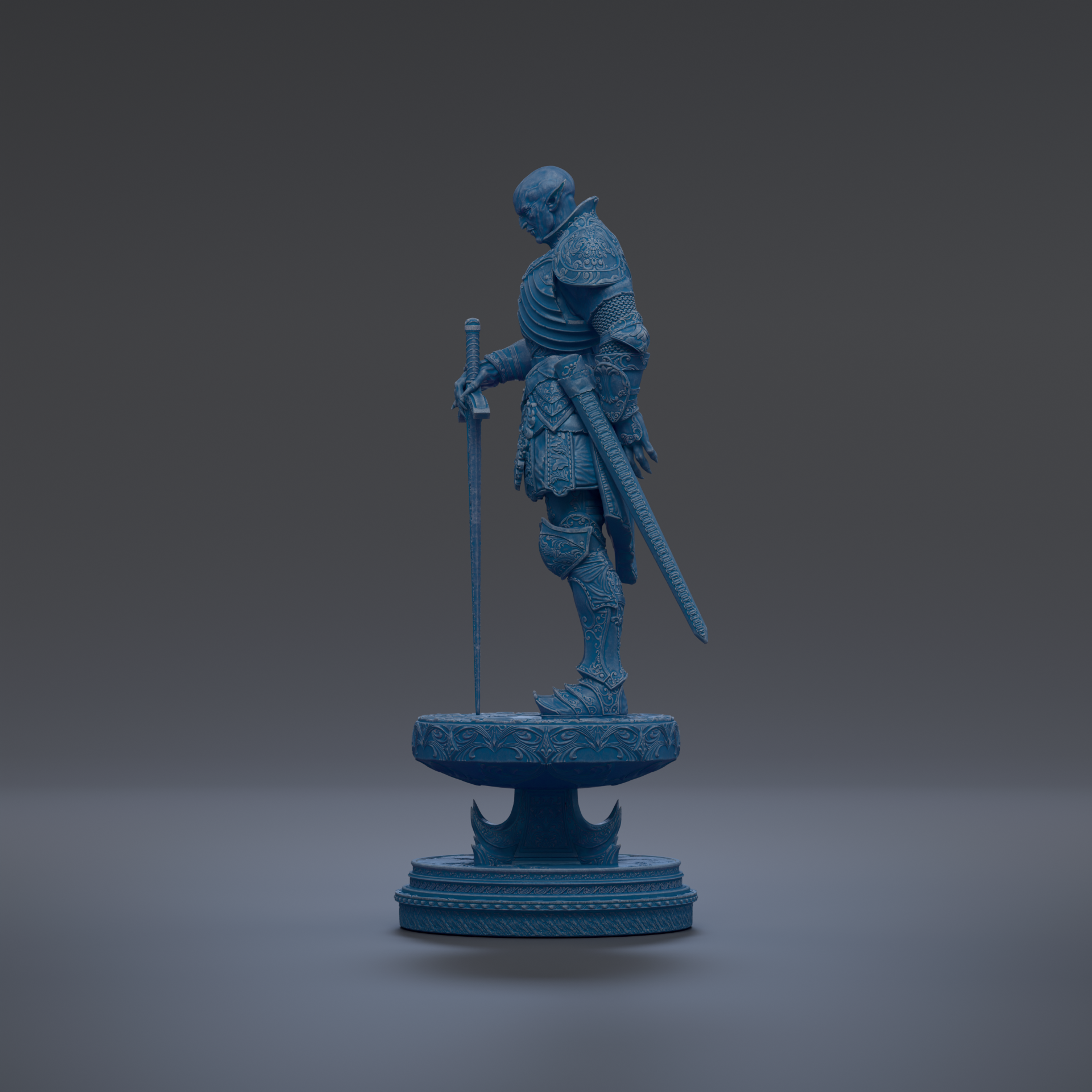 A blue statue of a knight holding a sword and shield, standing on a pedestal.