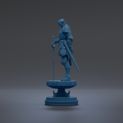 A blue statue of a knight holding a sword and shield, standing on a pedestal.